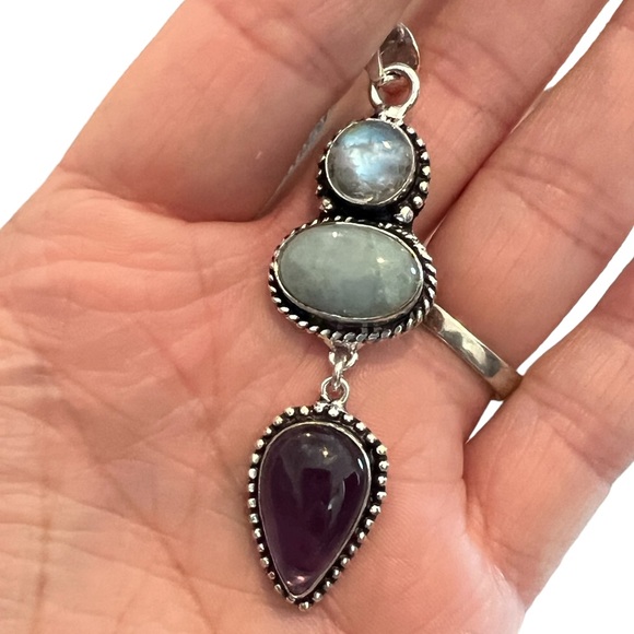 Amethyst, Aquamarine & Rainbow 🌈 Moonstone Handcrafted Pendant NWOT - Picture 12 of 17